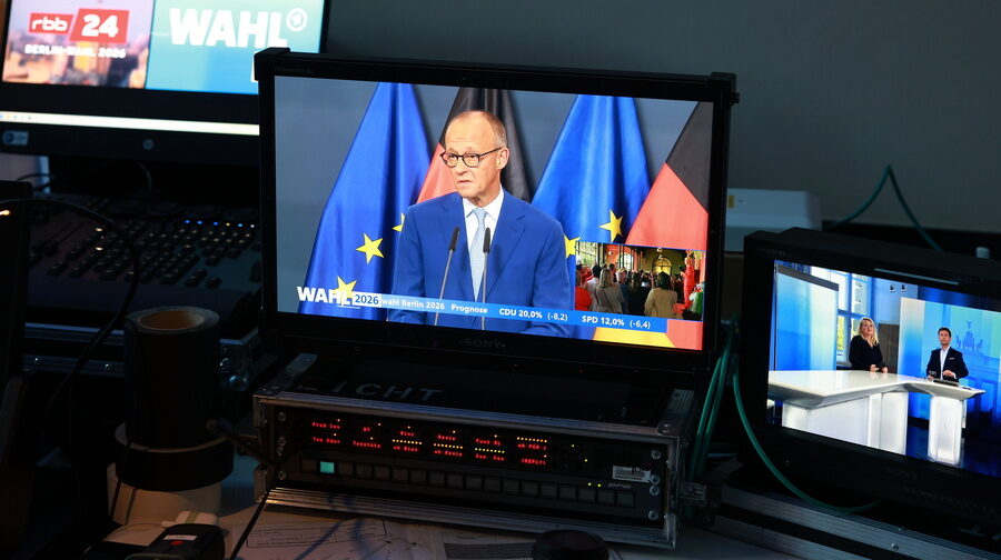 epa13252597 German Chancellor and leader of the Christian Democratic Union (CDU) Friedrich Merz is seen on screen as he delivers a speech at the RBB television station during the Berlin state election 2026 in Berlin, Germany, 20 September 2026. Voters in Berlin elect members of the House of Representatives, the city's state parliament, for a five-year term on 20 September 2026.  EPA/CLEMENS BILAN