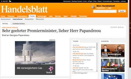 Handelsblatt: Χρεοκοπήσατε, παραδεχτείτε το!