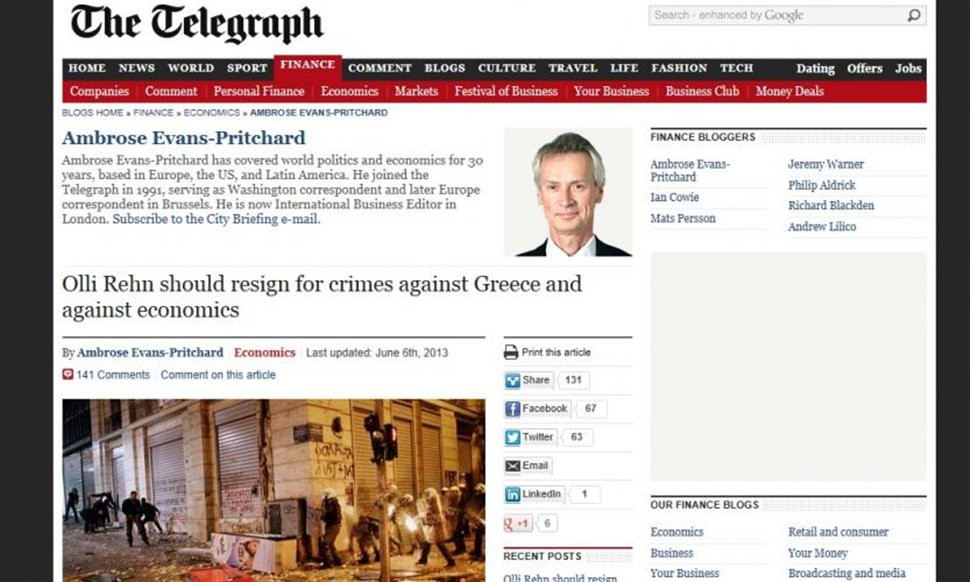 Daily Telegraph: Όλι Ρεν παραιτήσου για τα εγκλήματα στην Ελλάδα!