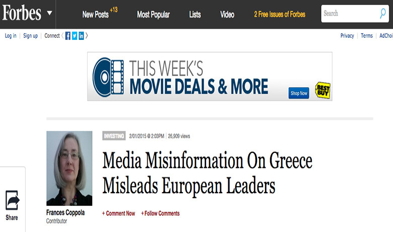 Forbes για διεθνή ΜΜΕ: Αδικαιολόγητη παραπληροφόρηση των θέσεων της νέας ελληνικής κυβέρνησης