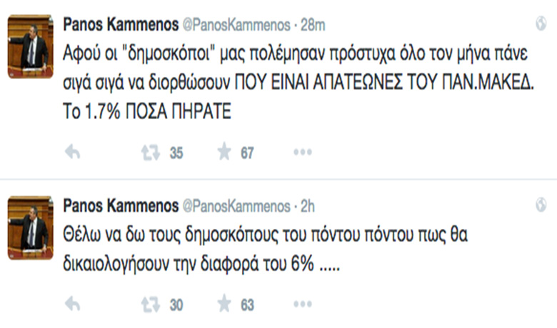 Ο Πάνος Καμμένος τα βάζει μέσω twitter με τους δημοσκόπους