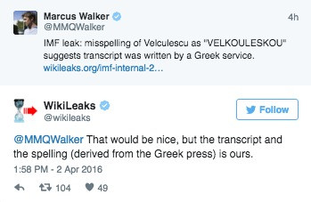 Δημοσιογράφος WSJ: Από ελληνική υπηρεσία η διαρροή για το ΔΝΤ – Διαψεύδει το Wikileaks