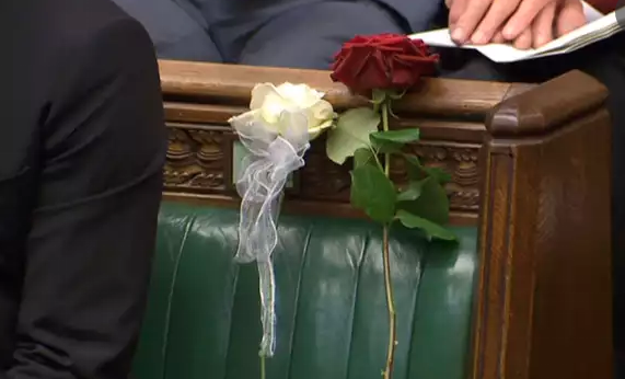 Ένα λευκό και ένα κόκκινο τριαντάφυλλο στη θέση της Κοξ στο κοινοβούλιο