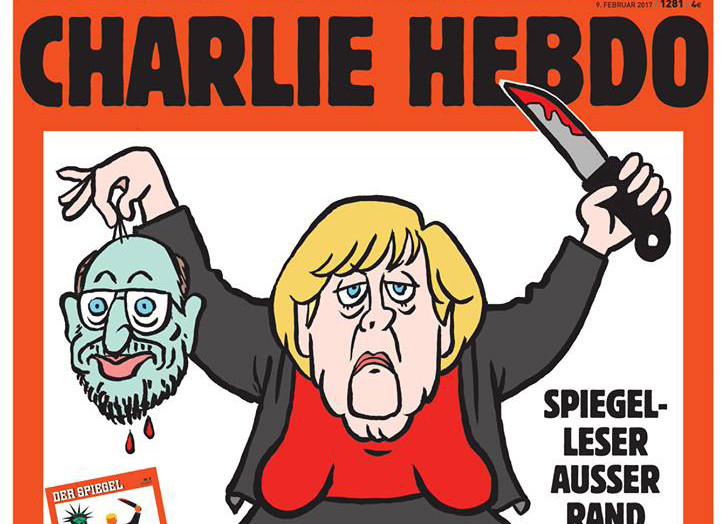 Η Μέρκελ τζιχαντίστρια αποκεφαλίζει τον Σούλτς στο εξώφυλλο του Charlie Hebdo