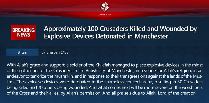 Το «Ισλαμικό Κράτος» ανέλαβε την ευθύνη για την επίθεση στο Μάντσεστερ