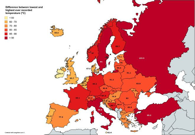 Οι μεγαλύτερες διαφορές θερμοκρασίας στην Ευρώπη [ΧΑΡΤΗΣ]